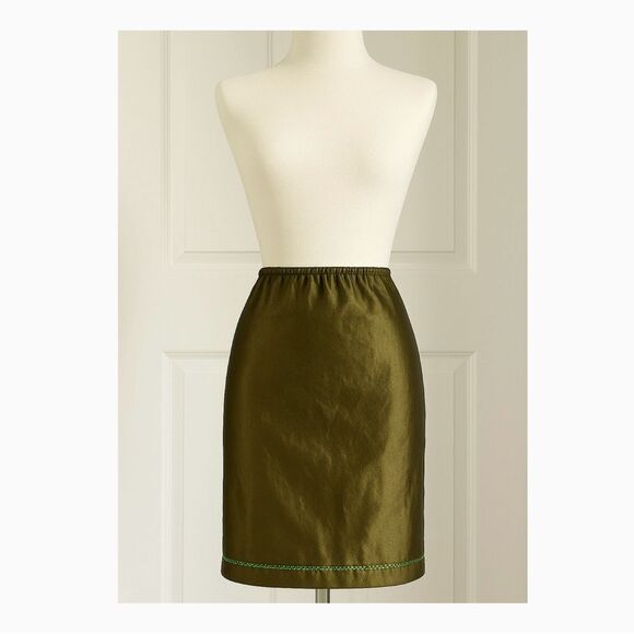 Cynthia Steffe Vintage Metallic Olive Green Silk Pencil Skirt Sequin Trim Size 6 - Picture 1 of 12